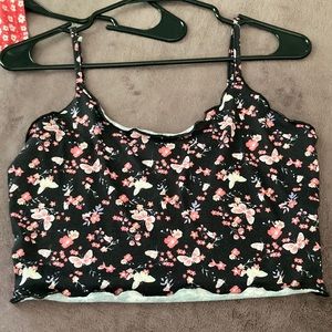 black tank top with white purple pink and yellow butterflies and flowers